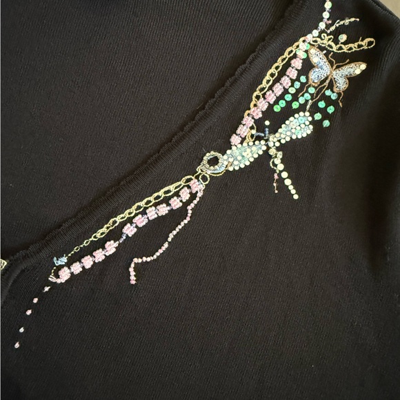 Vintage Black Cardigan Sweater Size XL Rhinestone Embroidered Dragonfly - Picture 9 of 17